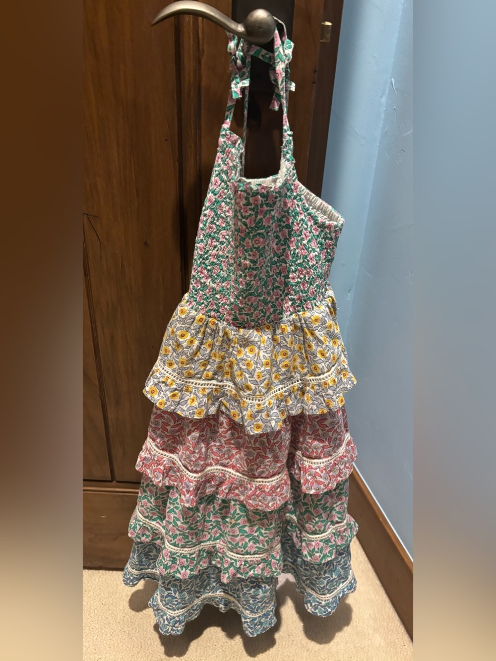 Mini Boden Multicolor Floral Tiered Halter Sundress - Pink, Yellow, Green, Blue